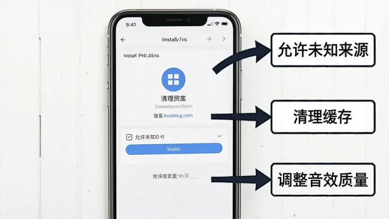 一张节奏腐败盒子安装步骤示意图，画面中手机屏幕显示安装界面，旁边有箭头标注“允许未知来源”“清理缓存”“调整音效质量”三个操作提示框，整体风格简洁教程风，画质干净清晰，无多余装饰