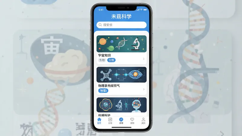 一张手机应用界面展示图，画面中央是“未熵科学”APP的主页，顶部搜索栏，中间是图文并茂的科学知识卡片流，包含宇宙、生物、物理等分类标签，底部导航栏清晰，整体风格清爽简洁，蓝白色调，扁平化设计，画质干净，无多余元素