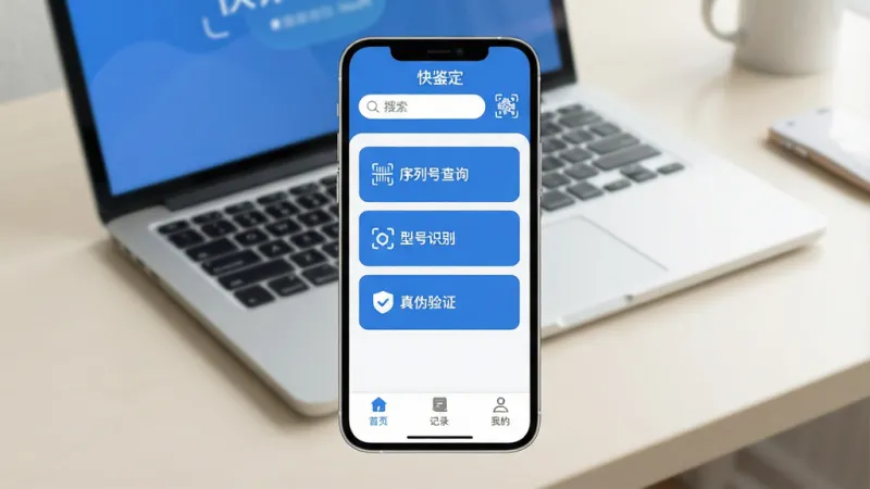 画面主体是一部智能手机屏幕显示“快鉴定”应用主界面，界面布局简洁清晰，顶部是搜索框和扫码图标，中间是功能入口卡片包括“序列号查询”“型号识别”“真伪验证”，底部为首页、记录、我的三个选项卡；背景是浅色桌面与一台笔记本电脑，整体风格现代扁平、色彩以蓝白为主，细节圆润，画质干净无多余元素，图片中文字“快鉴定”清晰可见
