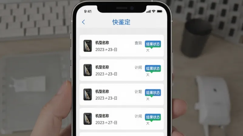 画面主体是“快鉴定”应用查询记录页面截图风格展示，页面列表显示多条查询记录，每条记录包含机型名称、查询时间和结果状态标签，界面以浅灰和白色为底，蓝色作为强调色，布局整齐，风格简约现代，细节干净，画质清晰无多余元素