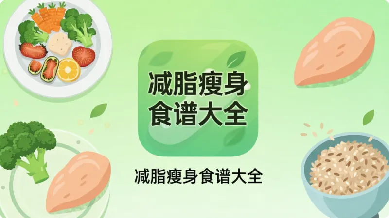 手机应用商店展示页,画面中央是“减脂瘦身食谱大全”APP图标,图标下方显示应用名称“减脂瘦身食谱大全”,周围环绕着低脂餐盘、西兰花、鸡胸肉、糙米饭等健康食材的扁平化插画,背景为清爽的浅绿色渐变,整体风格干净现代,画质清晰,无多余元素
