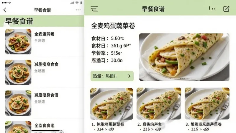 减脂瘦身食谱大全APP界面截图,屏幕显示“早餐食谱”分类页,左侧是食谱缩略图列表,右侧展示一道“全麦鸡蛋蔬菜卷”的详细做法,包括食材清单、热量标注和分步图文教程,界面以白色和浅绿色为主,排版清爽,文字清晰,整体风格简洁实用
