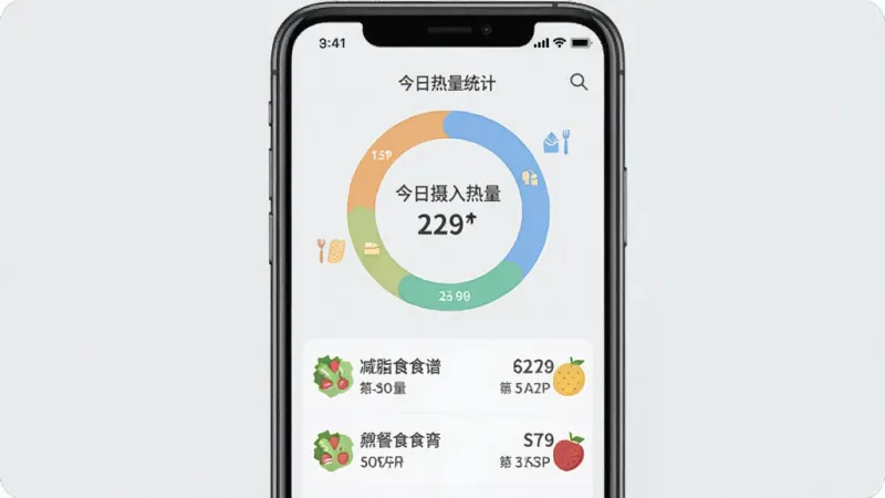 减脂瘦身食谱大全APP热量统计界面,手机屏幕中央显示一个圆环图表,标注“今日摄入热量”,下方列出三餐食谱名称及对应热量数值,旁边配有小份沙拉和水果的插画点缀,背景为浅灰色,风格现代扁平,数据展示直观清晰
