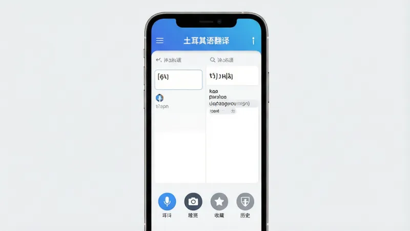 一张展示土耳其语翻译软件核心全貌的图片,主体为一部智能手机屏幕,屏幕上显示着“土耳其语翻译”应用的主界面,界面顶部有蓝色渐变导航栏,中间是左右分栏的翻译输入框和结果展示区,下方排列着语音、相机、收藏、历史等圆形功能图标,背景是干净的浅灰色,布局清晰对称,风格现代扁平化,细节圆润精致,画质高清干净,无多余元素
