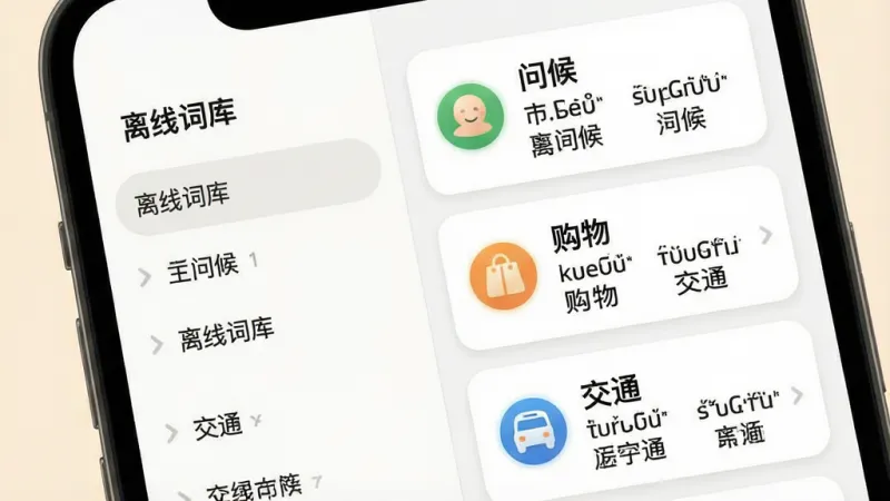 一张展示土耳其语翻译软件离线词库和常用短语功能的图片,主体为手机屏幕特写,屏幕左侧显示“离线词库”标签和分类列表,右侧展示“问候”“购物”“交通”等场景短语卡片,卡片上有土耳其语和中文对照文字,背景为柔和的米白色,布局为左右分栏卡片式设计,风格清新简洁,细节图标圆润,画质干净无多余元素