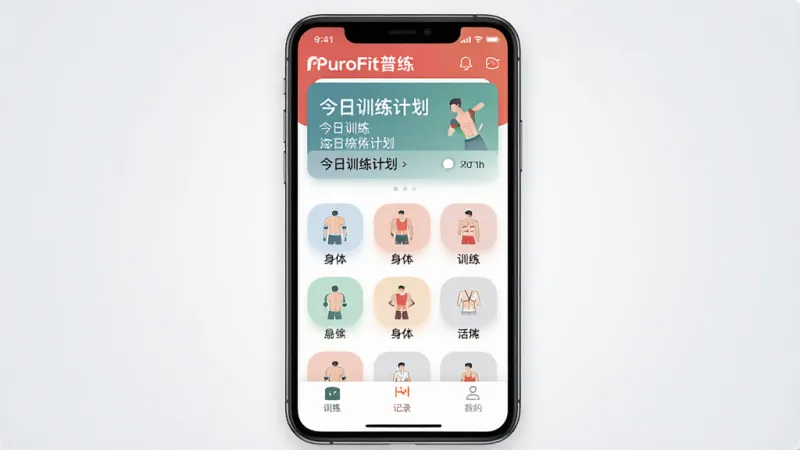 一张展示PuroFit普练应用主界面的手机屏幕截图，画面中央是手机屏幕，屏幕内显示PuroFit普练应用首页，顶部有今日训练计划卡片，中间是身体部位选择图标网格，底部是训练、记录、我的三个导航标签，背景是干净的浅灰色渐变，风格现代扁平化，细节清晰圆润，画质干净无多余元素，图片中清晰显示文字“PuroFit普练”