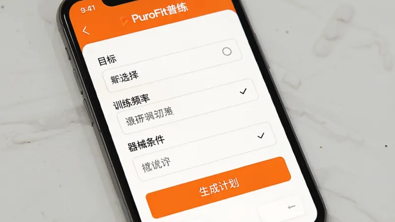 一张PuroFit普练应用内个性化训练计划生成页面的手机截图，画面显示手机屏幕内有一个问卷表单，包含目标选择、训练频率、器械条件等选项，下方有一个醒目的“生成计划”按钮，界面风格简洁明快，以白色和活力橙色为主色调，布局清晰，画质干净无多余元素，图片中显示文字“PuroFit普练”