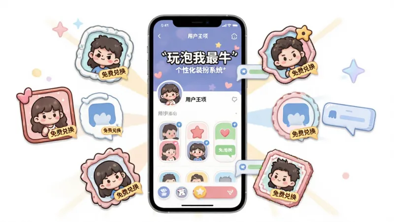 一张展示“玩泡我最牛”个性化装扮系统的生图,主体是手机屏幕中一个用户主页,布局上主页周围漂浮着多个不同风格的头像框和聊天气泡选项,排版呈放射状展开,风格为可爱卡通插画,细节处每个素材都有小标签标注“免费兑换”,画质高清干净无多余元素