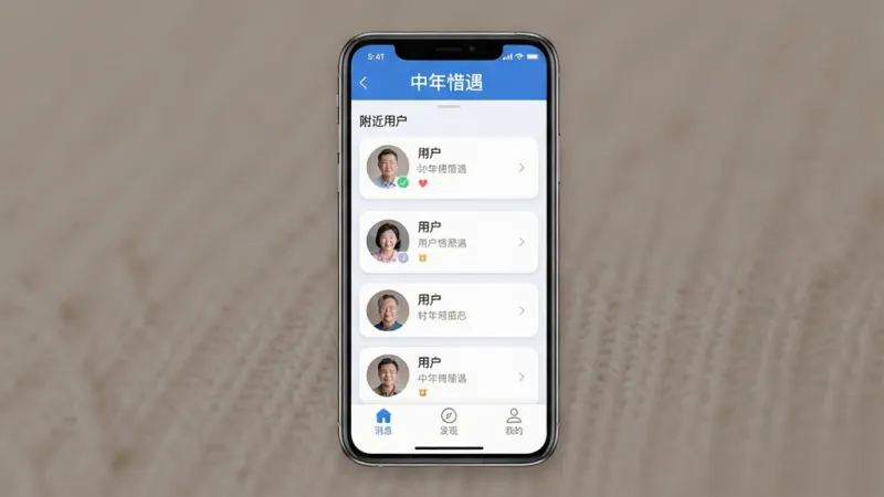 中年惜遇安卓版应用主界面全貌展示,手机屏幕居中,屏幕内是蓝白色调的简洁社交软件界面,顶部显示“中年惜遇”文字标识,中间是附近用户头像卡片列表,底部为消息、发现、我的三个导航标签,背景是温馨的暖灰色,风格现代扁平,细节圆润,画质清晰干净,无多余元素