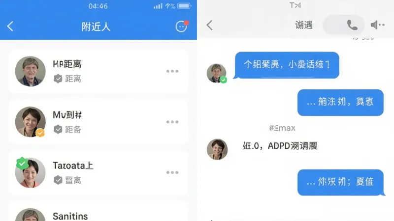 中年惜遇APP功能展示图,画面分为左右两部分,左侧是附近的人列表界面显示距离和认证标识,右侧是聊天对话窗口展示文字和语音消息气泡,整体用蓝白配色,风格清爽扁平,界面文字清晰,画质干净,无杂乱装饰元素