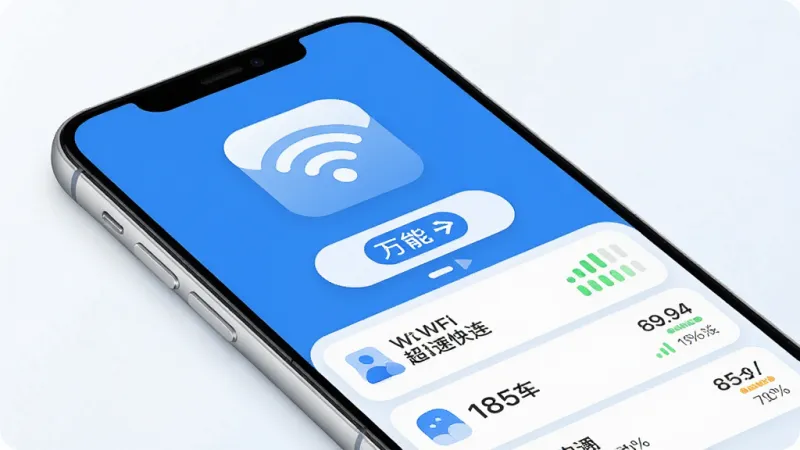 一张手机界面展示图，主体是一部现代智能手机，屏幕中央显示万能WiFi超速快连的应用主界面，顶部有醒目的WiFi信号图标和连接按钮，下方列出周边可用热点名称与信号强度，布局简洁清晰，排版采用蓝白配色，风格现代扁平化，细节圆润，画质干净清晰，无多余元素