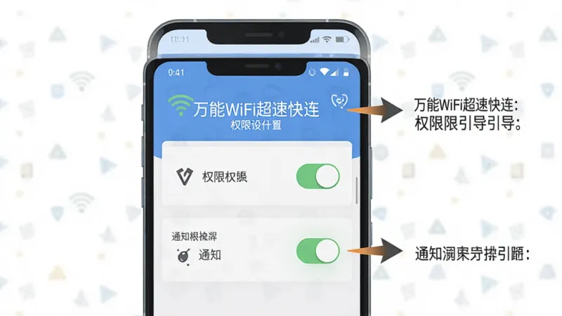 一张手机操作步骤示意图，画面中一部手机屏幕展示万能WiFi超速快连的权限设置引导页面，屏幕上有定位权限和通知权限的开关按钮，旁边配有箭头指示和文字说明，布局上下结构，排版清晰，风格简洁扁平，细节明确，画质干净，无多余元素