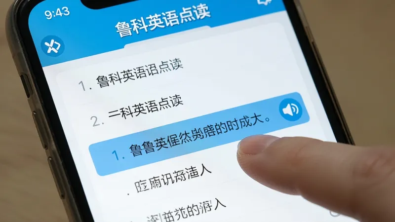 一张手机屏幕特写图,画面中显示鲁科英语点读的课本点读页面,上方是单元标题,中间是课文句子列表,手指正点击其中一句,旁边出现小喇叭图标,界面风格扁平化,蓝色高亮选中状态,画质干净,图片中文字包含“鲁科英语点读