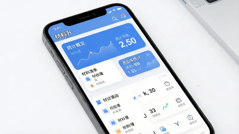 一张展示“材料升”软件核心界面的手机样机图,主体为手机屏幕显示材料清单列表与进出库统计卡片,布局清晰中心突出,排版采用上下结构上方为统计概览下方为列表,风格现代扁平化商务风,细节包含圆角图标与蓝色主色调,画质高清干净无多余元素
