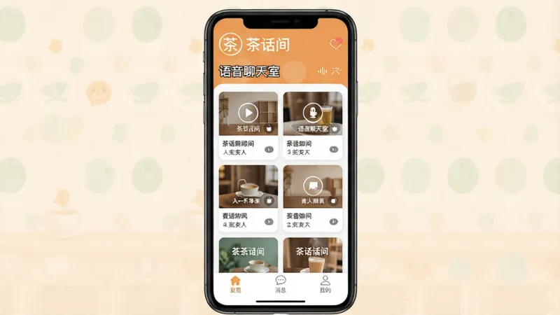 一张展示“茶话间”App主界面的手机样机图,画面中央是软件首页,顶部显示“茶话间”Logo和“语音聊天室”字样,中间排列着多个不同主题的语音房间卡片,每个卡片上有房间名称和在线人数,底部为发现、消息、我的三个导航标签,整体风格清新明快,以暖色调为主,布局干净整洁,画质清晰,无多余元素