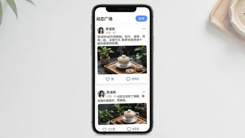 一张展示“茶话间”动态广场界面的手机样机图,画面中是一列用户发布的动态卡片,每张卡片包含用户头像、昵称、文字内容和配图,下方有点赞和评论按钮,顶部有“动态广场”标题和发布按钮,整体布局类似社交媒体信息流,风格简洁现代,画质干净,无多余元素