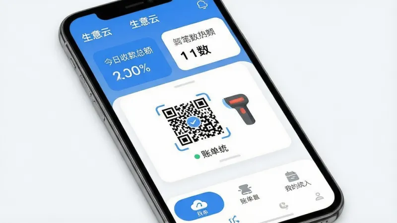 一张手机应用界面展示图,主体是一部现代智能手机,屏幕上显示“生意云”App的主界面,布局包含顶部今日收款总额和笔数统计卡片、中间醒目的收款二维码和扫码枪图标、底部账单统计我的三个选项卡,排版清晰层次分明,风格现代扁平化配色以蓝白为主,细节圆润图标精致,画质干净无多余元素