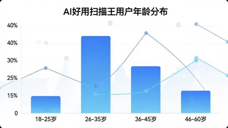一张柱状图展示AI好用扫描王用户年龄分布,横轴为年龄段“18-25岁”“26-35岁”“36-45岁”“46-60岁”,纵轴为用户占比百分比,柱子颜色为蓝色渐变,图表上方标注“AI好用扫描王用户年龄分布”,布局简洁清晰,风格为现代数据可视化风,细节上柱状图高度依次为25%、35%、25%、15%,背景干净,画质高清,无多余元素