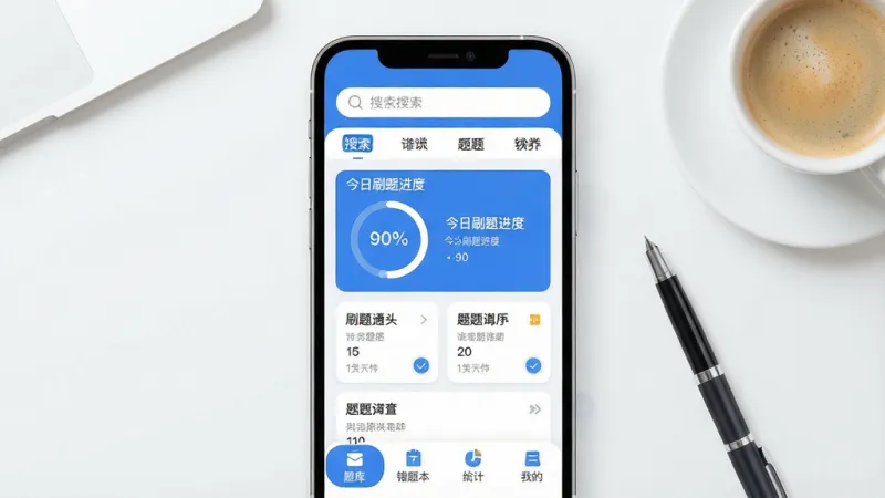一张手机应用界面展示图,画面中心是一部竖屏手机,屏幕内显示“刷题通关印”软件的主界面,顶部有搜索框和分类标签,中间是今日刷题进度环和题目卡片,底部是题库、错题本、统计、我的四个选项卡,整体采用蓝白配色,背景为干净的书桌桌面,旁边放着一支笔和一杯咖啡,风格现代扁平化,细节圆润,画质清晰干净,无多余元素。