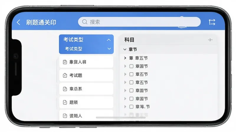 一张软件界面展示图,画面中手机屏幕显示“刷题通关印”的题库分类页面,左侧是考试类型列表,右侧是科目和章节的层级展开,界面采用卡片式布局,配色以蓝白灰为主,顶部有搜索框,整体排版清晰有序,风格简洁现代,画质干净,无多余元素。