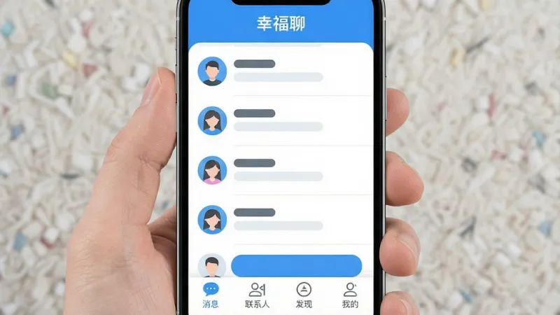 一张手机应用界面展示图,画面中央是“幸福聊”软件的主聊天列表界面,顶部显示软件名称“幸福聊”,中间是简洁的对话列表和头像,底部有消息、联系人、发现、我的四个导航图标,整体布局清爽,蓝白色调,现代扁平化设计风格,细节圆润,画质干净清晰,无多余元素