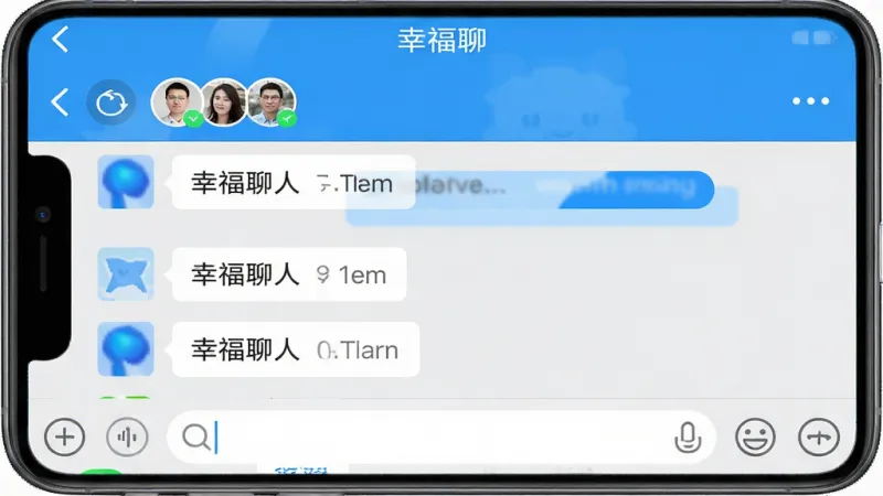 一张手机群聊界面展示图,画面中显示“幸福聊”的群组聊天窗口,顶部是群名称和成员头像,中间是几条不同用户的聊天气泡,底部是输入框和表情按钮,界面风格简洁明快,蓝白配色,布局清晰,画质干净,无杂乱元素