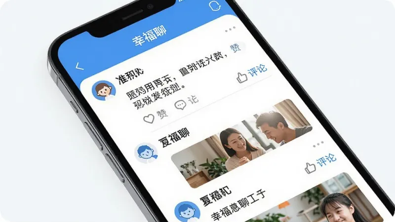 一张手机动态广场界面展示图,画面中显示“幸福聊”的动态信息流,包含几条用户发布的图文动态,有头像、昵称、文字内容和点赞评论按钮,界面风格清新简洁,蓝白主色调,排版整齐,画质干净,无多余装饰元素