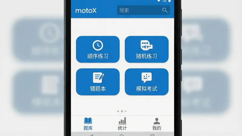 一张展示motoX应用主界面的手机屏幕截图,画面中央是简洁的白色背景配蓝色标题栏,顶部显示