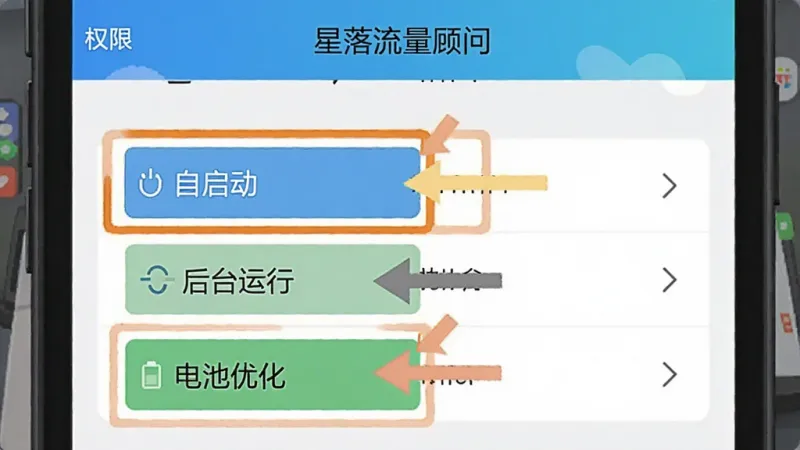 一张手机设置界面的示意图，画面展示“星落流量顾问”的权限设置页面，高亮标出“自启动”“后台运行”“电池优化”几个选项，用箭头和色块进行视觉引导，风格为扁平化信息图，画质清晰干净