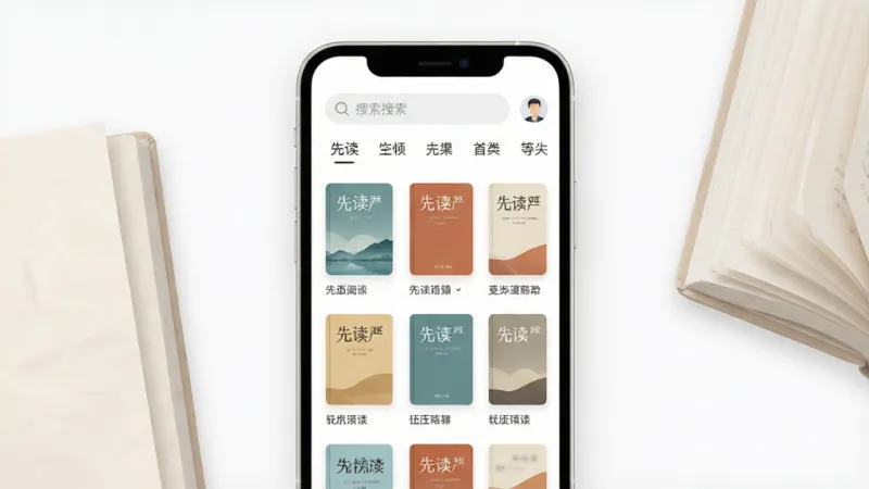 一张展示“先读”手机阅读软件主界面的场景图,主体为居中竖屏手机,屏幕上显示简洁的书架排列,封面整齐,顶部有搜索栏与分类标签,布局上手机置于画面中央,左右两侧点缀柔和的纸张纹理与书页元素,排版干净留白充足,风格为现代扁平化UI展示风,细节包括手机边框圆润、界面文字清晰、按钮图标简约,画质高清锐利、画面干净、无多余装饰元素。