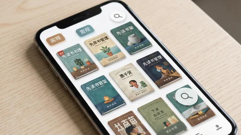 一张展示“先读”书架管理功能的场景图,画面主体为手机屏幕内网格状书架,每本书封面清晰,左上角有分类标签,屏幕右侧悬浮一个搜索放大镜图标,布局上手机居中略微倾斜,背景为浅色木纹桌面,排版突出书架网格与操作按钮,风格为清新生活化数码场景,细节包括封面纹理可见、按钮边缘柔和、光影自然,画质清晰、画面干净、无杂乱元素。