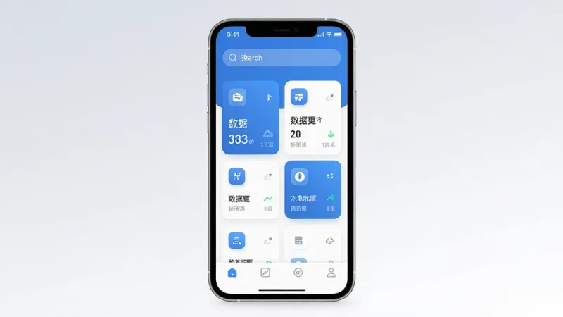 一张展示数字新能源APP核心界面的手机样机图,主体是一部居中竖放的智能手机,屏幕上显示数字新能源APP首页,布局包含顶部搜索栏、中间数据卡片展示区和底部导航栏,排版简洁清晰,风格为现代扁平化科技蓝配色,细节上图标圆润、文字标签清晰可见,画质干净高清,背景为纯色渐变浅灰到白色,无多余元素