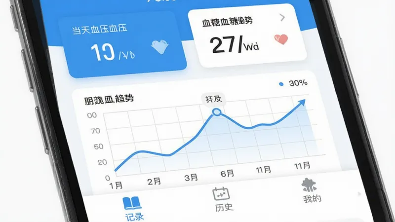 一张手机屏幕展示血压血糖检测助手软件主界面,界面顶部显示当天血压和血糖数值卡片,中间是折线趋势图,底部有记录、历史、我的三个选项卡,整体蓝白配色,风格清爽扁平,画质干净无多余元素