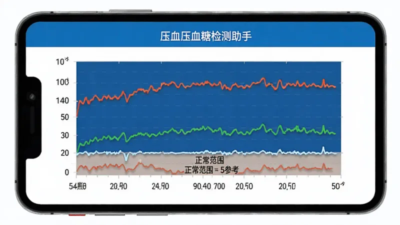 血压血糖检测助手软件内的趋势图表页面,屏幕上显示血压和血糖两条不同颜色的折线图,横轴是日期纵轴是数值,图表下方有正常范围参考线标注,界面排版简洁,蓝白配色,画质清晰干净