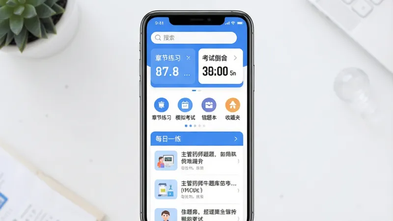 一张手机屏幕展示主管药师牛题库APP主界面的场景图,画面中央是手机正视图,屏幕内显示题库首页布局,顶部有搜索框和考试倒计时卡片,中间是章节练习、模拟考试、错题本、收藏夹四个功能图标横向排列,下方是每日一练推荐题目列表,整体配色以蓝白为主,风格清爽扁平,细节圆润,画质干净清晰,无多余元素