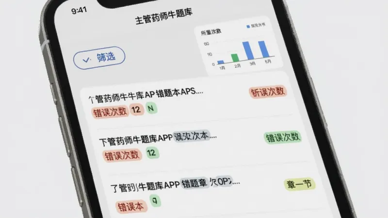 主管药师牛题库APP错题本界面展示,手机屏幕内显示错题列表,每道题旁边标注错误次数和所属章节标签,顶部有筛选按钮和统计图表,背景为浅灰色,界面风格简洁现代,文字清晰可读,画质干净