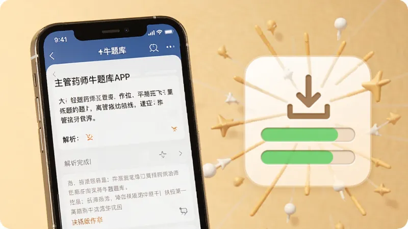主管药师牛题库APP离线刷题功能展示图,画面中手机处于飞行模式状态,屏幕内仍显示题目作答界面和解析内容,旁边有一个下载完成的进度条图标,整体色调偏暖,风格写实,细节清晰,画质干净