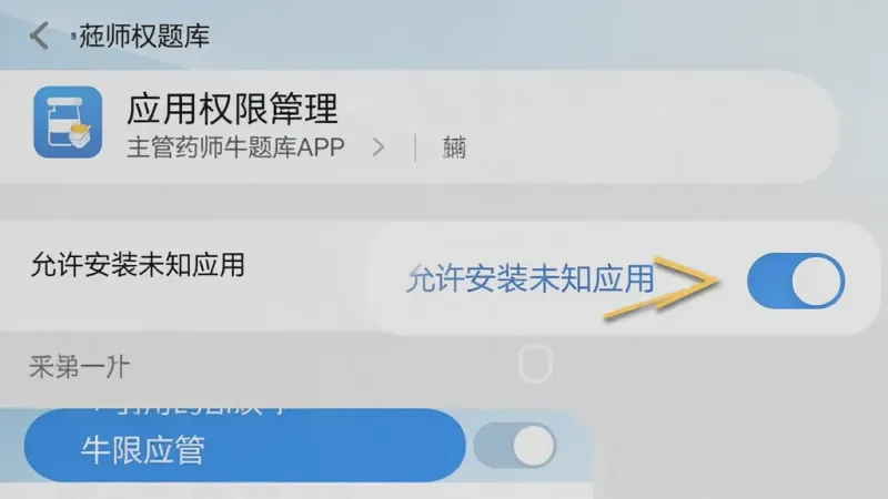 主管药师牛题库APP在安卓手机上的安装权限设置界面示意图,画面展示手机设置页面中应用权限管理选项,旁边有箭头指向“允许安装未知应用”开关,整体风格简洁明了,配色以系统原生灰白蓝为主,细节清晰,画质干净
