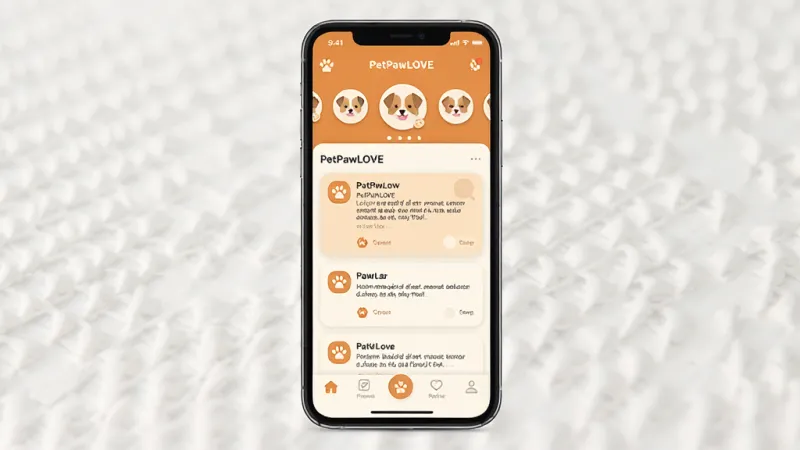 一张展示PetPawLOVE软件首页界面的手机截图风格图片，主体是一部居中摆放的智能手机，屏幕上显示PetPawLOVE应用主界面，布局包含顶部宠物头像轮播、中部动态信息流卡片和底部导航栏，排版清晰有序，风格为现代扁平化UI设计，细节上图标圆润、色彩以暖橙色和米白色为主，画质干净清晰，无多余元素