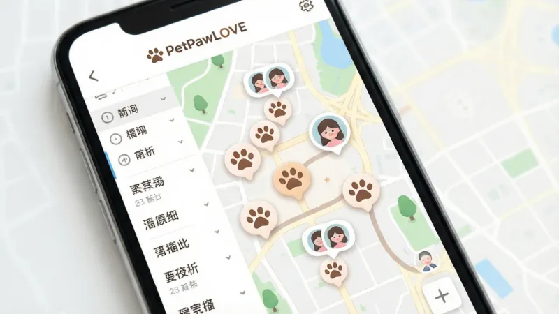 一张PetPawLOVE同城遛宠地图功能展示图，主体为手机屏幕特写，屏幕中央显示一张城市地图界面，地图上标注了多个宠物爪印图标和用户头像气泡，布局左侧为筛选条件栏、右侧为地图主视图，排版简洁直观，风格为轻量级地图UI设计，细节上路径线条柔和、图标可爱圆润，画质干净明亮，画面中带有「PetPawLOVE」文字标识