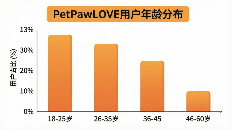 一张PetPawLOVE用户年龄分布柱状图，主体为数据图表，布局为横轴标注年龄段18-25岁、26-35岁、36-45岁、46-60岁，纵轴标注用户占比百分比，柱状条高度分别对应约35%、30%、22%、13%，排版清晰有标题栏，风格为扁平化信息图表设计，细节上柱体颜色为暖橙色渐变、坐标轴标签清晰可读，画质干净无多余装饰元素，图表顶部带有「PetPawLOVE用户年龄分布」文字标识