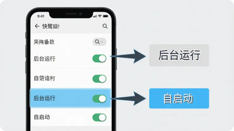 一张展示快鹭云安卓手机端安装和权限设置步骤的示意图,画面中是一部手机屏幕,显示设置页面的权限开关列表,旁边有箭头指向“后台运行”和“自启动”两个选项,并用高亮色标出,背景简洁浅灰,风格扁平化教学图示,画质清晰干净,无多余元素
