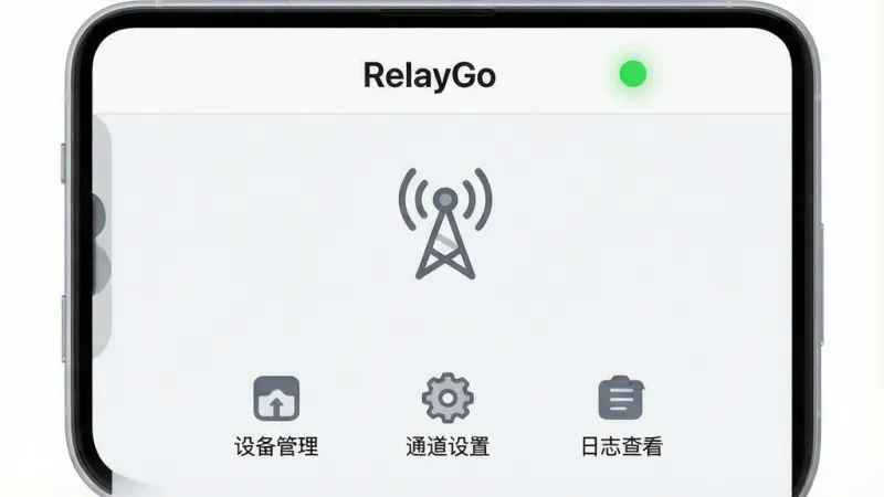一张手机应用界面展示图,画面中央是RelayGo软件的主界面,顶部显示“RelayGo”字样和绿色的已连接状态指示灯,中间是一个简洁的中继节点示意图标,下方排列着设备管理、通道设置、日志查看三个功能入口,背景为浅灰白色,界面风格扁平化,图标线条圆润,整体画质干净清晰,无多余装饰元素