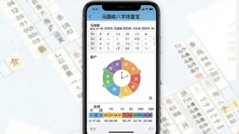 一张展示马国峻八字排盘宝软件界面的手机截图,画面中央是排盘结果页,上方显示“马国峻八字排盘宝”软件名称,中间是八字四柱表格和五行分布圆环图,下方是大运流年时间轴,整体布局清晰、文字标签明确,风格现代简洁,浅色背景,画质干净无多余元素