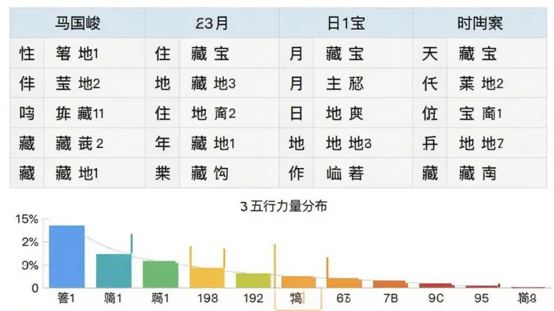一张马国峻八字排盘宝的四柱排盘结果界面截图,画面中显示年柱月柱日柱时柱四列表格,每列包含天干地支和藏干信息,表格下方是五行力量分布条形图,界面风格清爽扁平,浅色主调,文字清晰,画质干净无多余元素