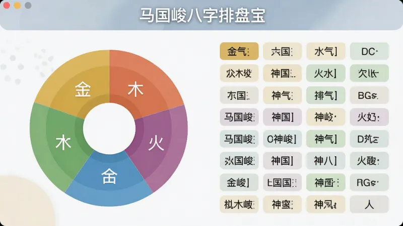 一张马国峻八字排盘宝的五行分布与神煞展示界面截图,画面左侧是金木水火土五色圆环占比图,右侧是神煞标签列表,顶部显示“马国峻八字排盘宝”字样,整体排版整齐,配色柔和,风格现代扁平,画质干净无多余元素