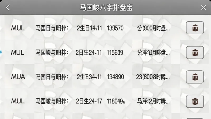 一张马国峻八字排盘宝的排盘记录列表界面截图,画面中显示多条已保存的排盘记录,每条记录包含姓名缩写、出生日期和排盘时间,右侧有删除按钮,顶部标题栏显示“马国峻八字排盘宝”,界面风格简洁清爽,浅灰背景,文字标签明确,画质干净无多余元素