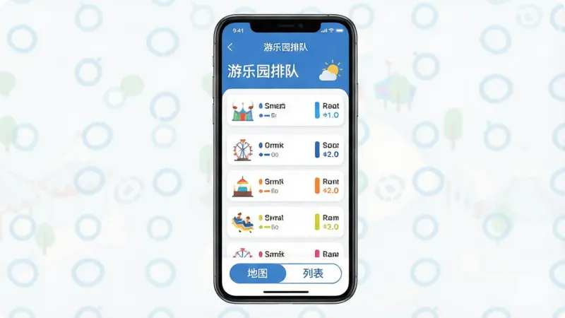 一张手机应用界面的全貌展示图,画面中央是一部竖屏手机,屏幕上显示着「游乐园排队」应用的主界面,顶部有游乐园名称和天气图标,中间是一张游乐设施列表,每个项目右侧标注着排队分钟数,用不同颜色区分长短,底部有地图和列表切换按钮,整体布局清晰,风格现代扁平,色调以蓝色和白色为主,细节圆润,画质干净,无多余元素