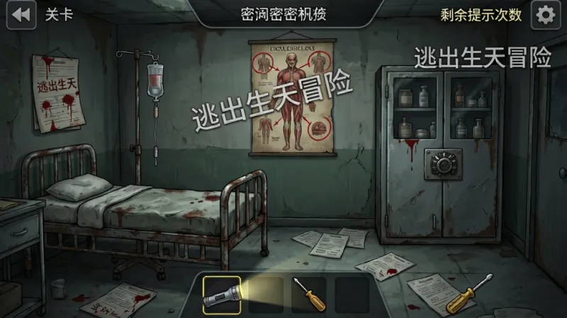 游戏内一间废弃医院主题的密室场景截图,画面左侧是生锈的病床和点滴架,右侧是带密码锁的药品柜,地面有散落的病历纸,墙上挂着一幅人体解剖图,图中标注了