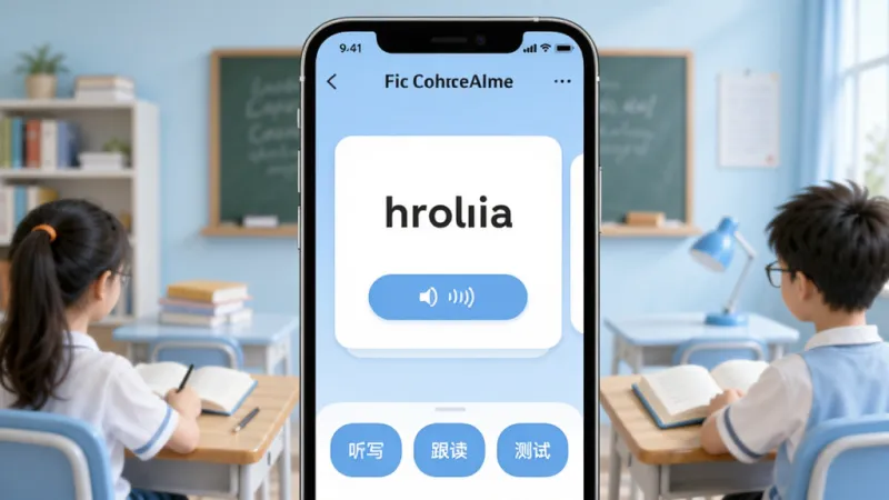 赶考状元AI课堂单词速记界面展示,手机屏幕中央显示英语单词卡片和发音按钮,下方有听写、跟读、测试三个功能按钮,背景为浅蓝色学习场景,风格简洁明快,画质干净清晰,无多余元素